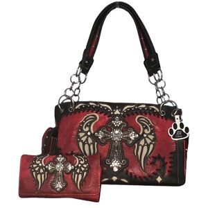 Western Handbag Rhinestone Cross Angelic Wings Concealed Carry Purse Wallet Set